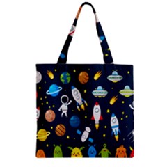 Big Set Cute Astronauts Space Planets Stars Aliens Rockets Ufo Constellations Satellite Moon Rover V Zipper Grocery Tote Bag by Bedest