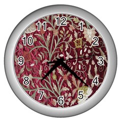 Crewel Fabric Tree Of Life Maroon Wall Clocks (silver)  by Amaryn4rt