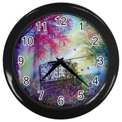 Bench In Spring Forest Wall Clocks (black) by Amaryn4rt