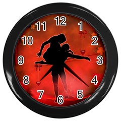 Dancing Couple On Red Background With Flowers And Hearts Wall Clocks (black) by FantasyWorld7