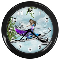 Cute Fairy Dancing On A Piano Wall Clock (black) by FantasyWorld7