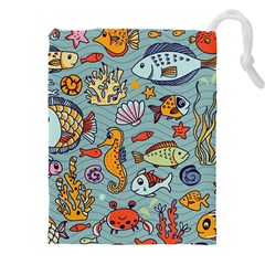 Cartoon Underwater Seamless Pattern With Crab Fish Seahorse Coral Marine Elements Drawstring Pouch (4xl) by uniart180623