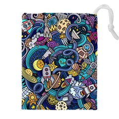 Cartoon Hand Drawn Doodles On The Subject Of Space Style Theme Seamless Pattern Vector Background Drawstring Pouch (4xl) by Ket1n9